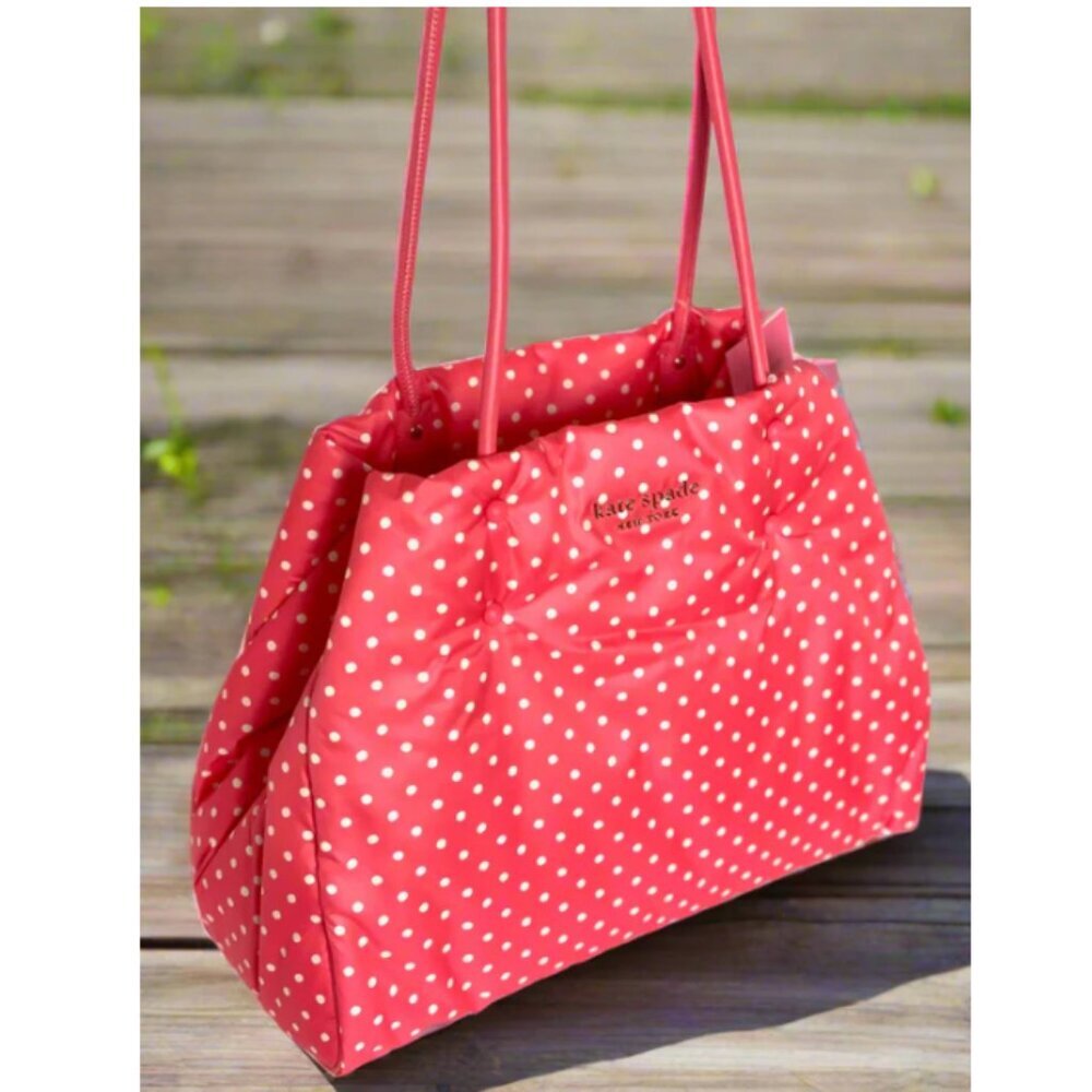 Kate Spade Everything Puffy Tote Dots Pink Nylon Leather Large Shoulder Bag
